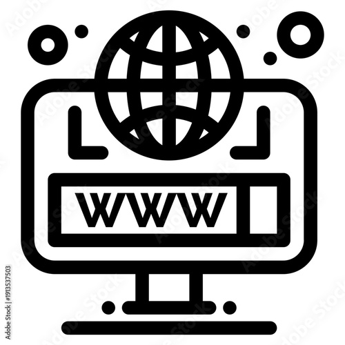 Digital Connection Visual: A minimalistic monochrome graphic depicts a computer screen displaying a global icon, representing connectivity and the vast expanse of the digital realm.