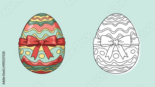 Festive Easter egg coloring page featuring a vibrantly patterned egg tied with a red ribbon and a blank version to color.