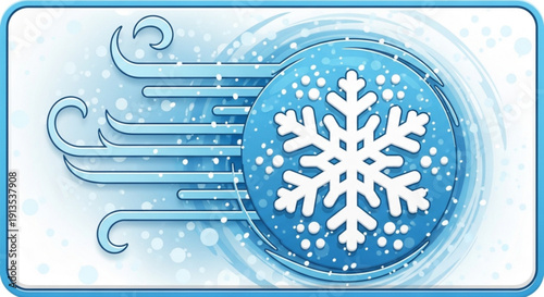 Snowflake design with swirling wind lines on a blue background winter weather icon with frosty effect
