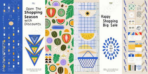 Colorful digital illustration promoting shopping season with fruit and geometric patterns