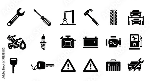 Collection of automotive repair and maintenance icons.
