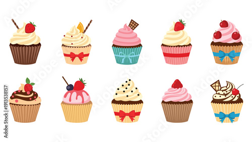 Tempting collection of twelve uniquely decorated cupcakes with various frostings, fruit toppings, and colorful ribbons.