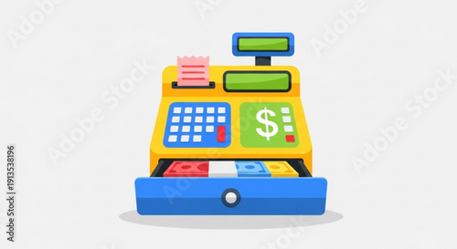 Colorful cash register with open drawer and money symbolizing sales and commerce