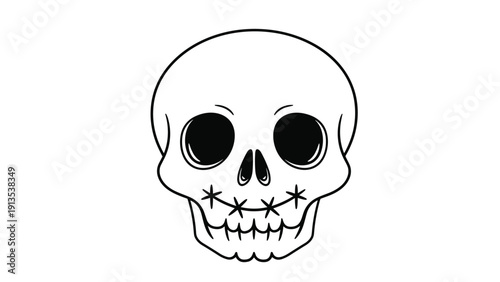 Stylized human skull illustration featuring large black eye sockets and a stitched mouth design on a white background.