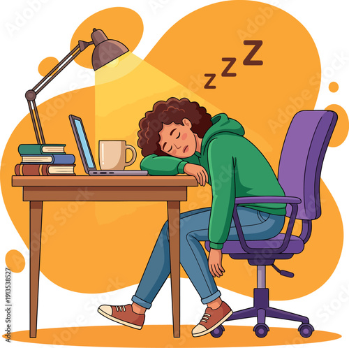 Tired Study Session: An exhausted student slumbers peacefully at their desk, surrounded by the tools of their trade: a laptop, books, and a warm beverage. Capturing the essence of study fatigue.