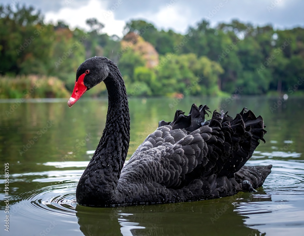 Fototapeta premium A black swan swims on a serene lake with lush greenery