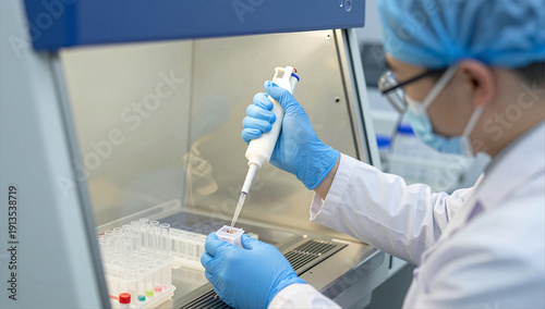 Scientist Performing Precise Sample Preparation in Biosafety Cabinet