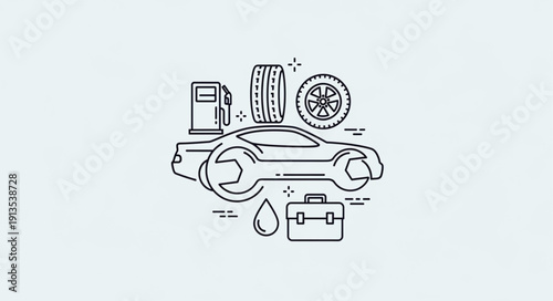Car repair and maintenance concept with tools and parts.
