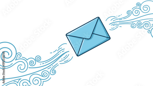 Blue envelope floating through the air with stylized wind swirls representing fast mail delivery or communication concept.