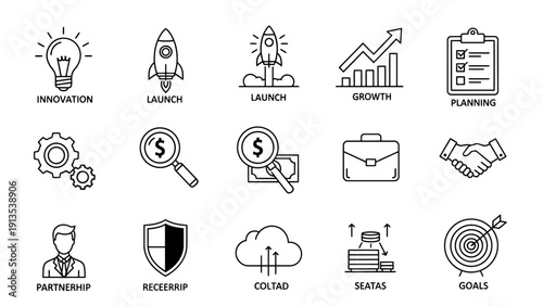 Business success icons set with innovation and growth elements flat design vector illustration
