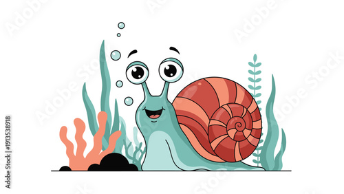 Friendly sea snail with a red shell smiling underwater surrounded by bubbles and various types of colorful coral and seaweed.