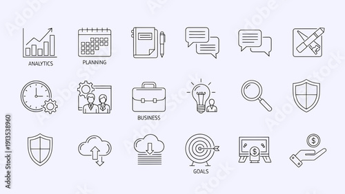Business and Productivity Icons Set, Line Art, Flat Design Vector Illustration