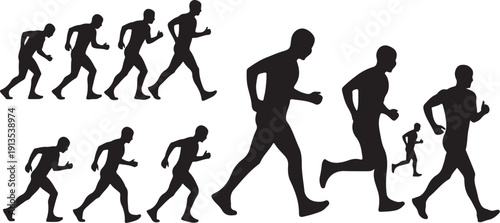 Silhouettes of people running in various dynamic motion poses