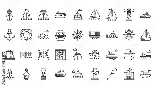 Marine Navigation Icons Set with Ships and Symbols vector illustration