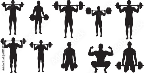 Silhouette of man exercising with dumbbells in various poses