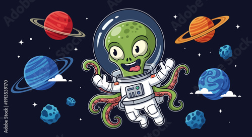 Cartoon Alien Astronaut Floating in Outer Space with Planets.