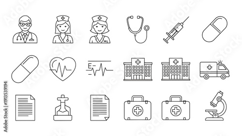 Medical professionals and healthcare icons set in flat design vector illustration