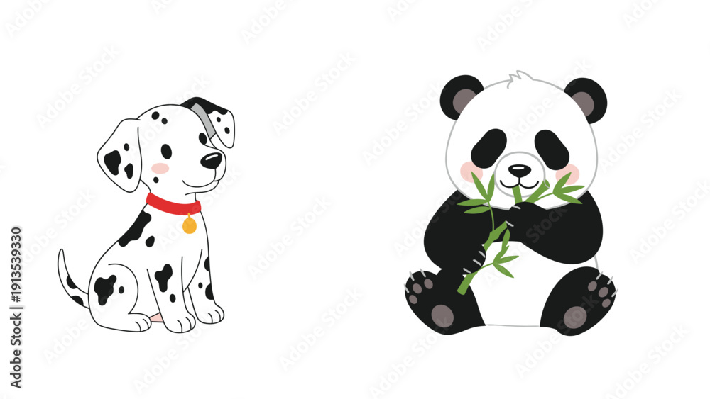Naklejka premium Small spotted Dalmatian puppy sitting next to a large panda eating bamboo stalks against a clean and simple white background.