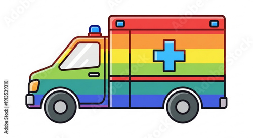 Rainbow colored ambulance with blue cross on side driving on white background lgbtq support vehicle