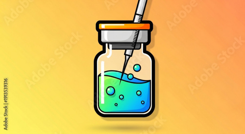 Medical vial with syringe injecting into colorful liquid bubbles rising on yellow orange gradient background