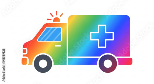 Colorful rainbow ambulance with a white cross on the side and flashing lights on top emergency vehicle icon