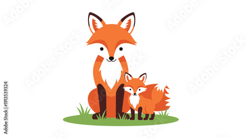 Mother fox and her small cub sitting together on a small patch of green grass against a clean and minimalist white background.