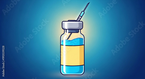 Medical vial with syringe injecting liquid on blue background with glowing effect