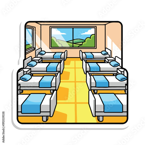 Cartoon train compartment with beds and scenic view
