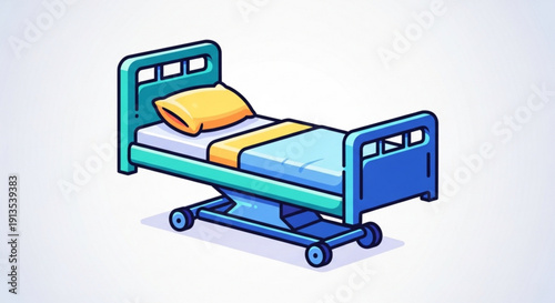 Hospital bed with yellow pillow and blue frame on wheels in a medical setting with white background