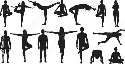 Yoga poses silhouettes of people in various meditation positions