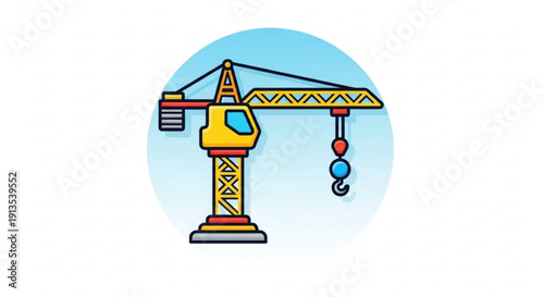 Yellow construction crane with hook and pulley system against blue background