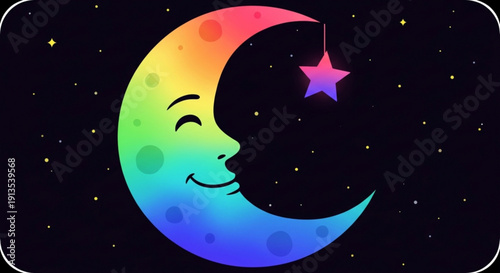 Smiling rainbow crescent moon with star in night sky symbolizing hope and magic