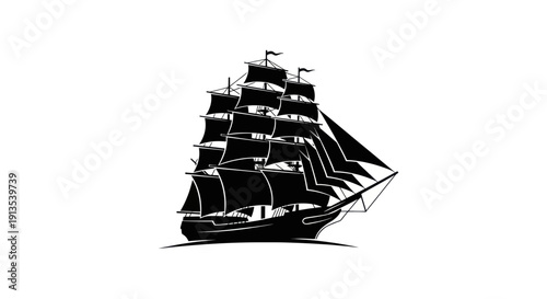 Black Silhouette of a Tall Ship with Full Sails on White Background