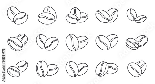 Coffee Bean Icons Set, Minimalist Line Art Collection