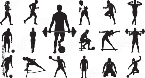 Silhouettes of people engaging in various fitness activities together