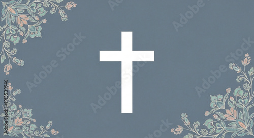 White Christian Cross on Blue Background with Floral Ornaments