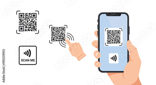 Hand holding smartphone with QR code displayed.