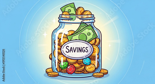 Colorful cartoon jar filled with savings coins and bills on blue background with bright light
