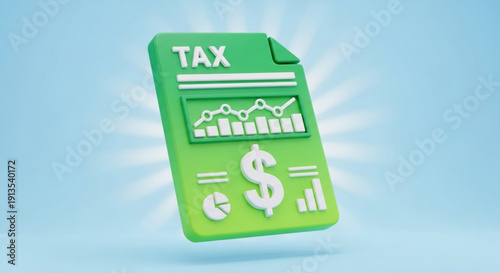 Green tax document with financial graphs and dollar sign symbolizing tax return and financial planning on a light blue background with sunburst effect