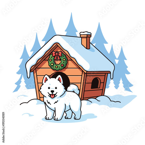 A white dog stands before a snowy doghouse adorned with a wreath