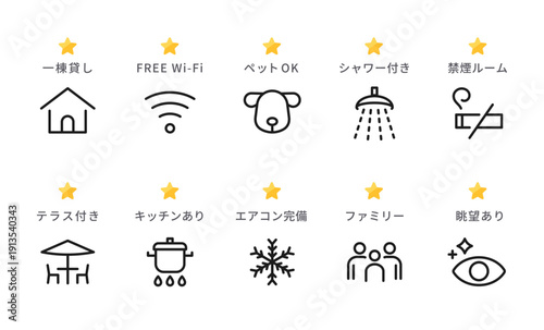 チャコールブラックの洗練された極細ラインとクロムイエローの五角星を組み合わせ、一棟貸しやWi-Fiなど全10種類の宿泊施設アメニティを網羅した、プロフェッショナル仕様のUI/UXアイコンセット