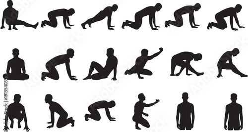 Silhouette of a man in various yoga poses sequence