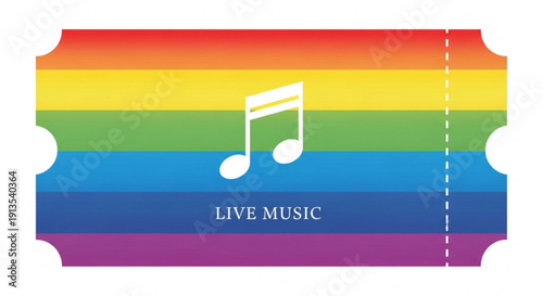 Rainbow ticket stub with live music note for lgbtq concert or festival event