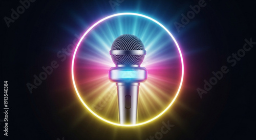 Vibrant microphone with colorful neon lights and glowing circle on dark background for music or podcast concept
