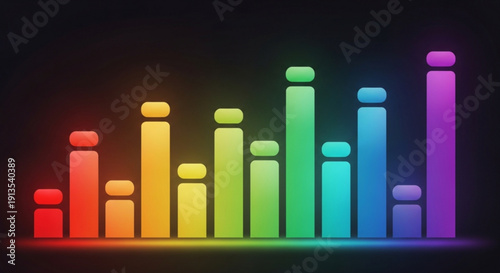 Vibrant rainbow colored bar chart with glowing bars and diverse heights on dark background representing data analysis and statistics in a modern stylized way for business