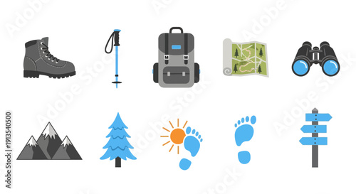 A flat icon set illustrating hiking and outdoor adventure equipment and scenery