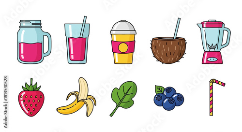 A collection of ten vector icons related to smoothies and ingredients arranged in two rows