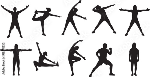 Silhouettes of people in various yoga poses and stretches