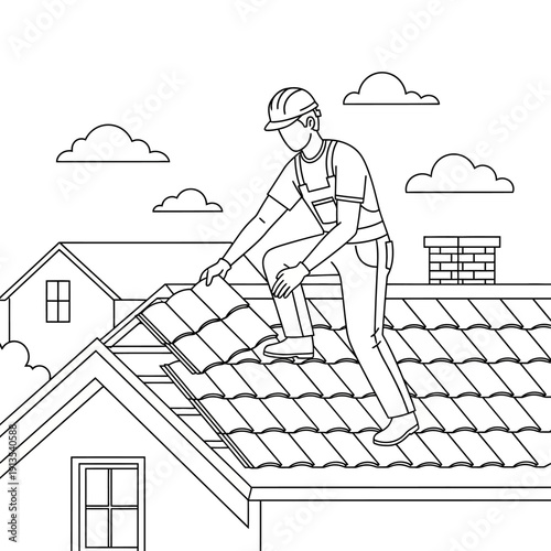 Roofer installing ceramic tiles on a residential house roof. Construction worker repairing home infrastructure. Line art illustration.