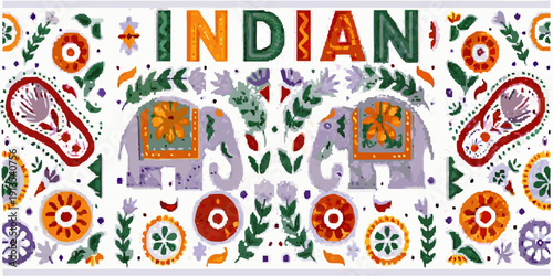 Colorful indian textile art featuring elephants and floral patterns